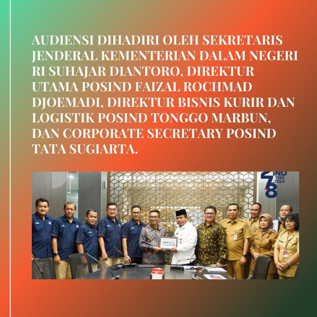 Di mana audiensi akan dihadiri oleh Sekretariat Jenderal Kementerian Dalam Negeri RI, Suhajar Diantoro, Faizal Rochmad Joemadi sebagai Direktur Utama @PosIndonesia , Direktur Bisnis Kurir dan Logistik #PosIndonesia Tonggo Marbun dan Coperate Secretary #PosInd Tata Sugiarta.