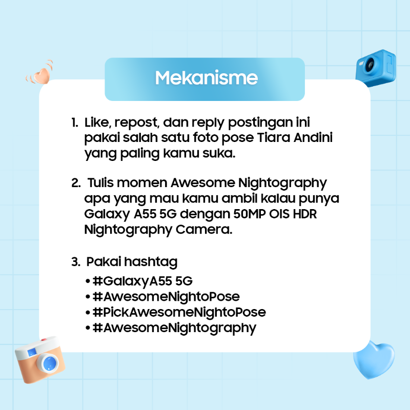 samsungID's tweet photo. Ikutan #PickAwesomeNightoPose &amp; menangkan uang digital 500K untuk 5 orang!🎉

Pilih #AwesomeNightoPose @initiaraandini favoritmu &amp; kasih tahu momen #AwesomeNightography apa yang mau kamu ambil kalau punya #GalaxyA55 5G dengan 50MP OIS HDR Nightography Camera.

Good luck!