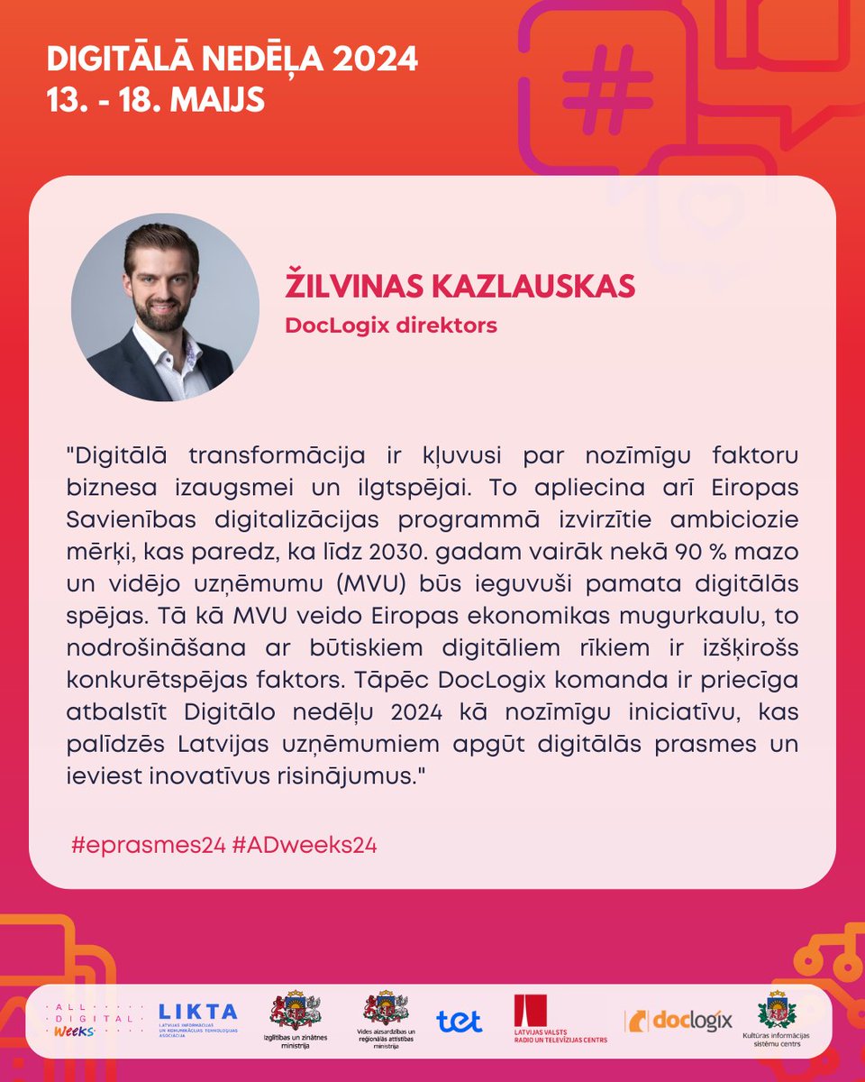 👉"Digitālās nedēļas 2024" otrā diena, 14. maijs,  būs veltīta tēmai  “Digitālie pakalpojumi un prasmes iedzīvotājiem”, savukārt trešās dienas, 15. maija,  galvenā tēma būs “Digitālās prasmes un risinājumi uzņēmējiem”
#eprasmes24 #adweeks24