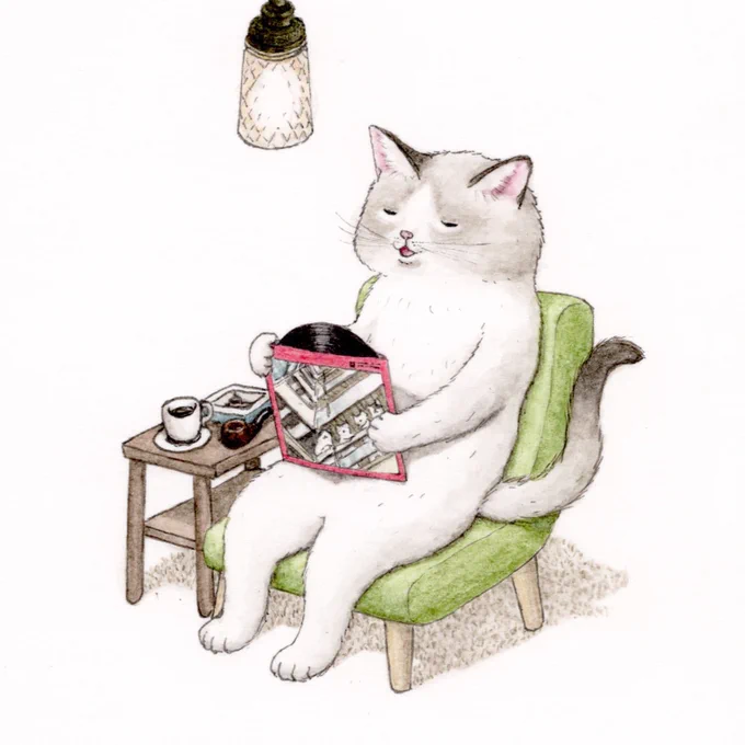 『おじいニャンと宝物』このレコードはねぇ昔ウチに…あぁそうそうまだ秘密だったわい#猫  #cat #イラスト 