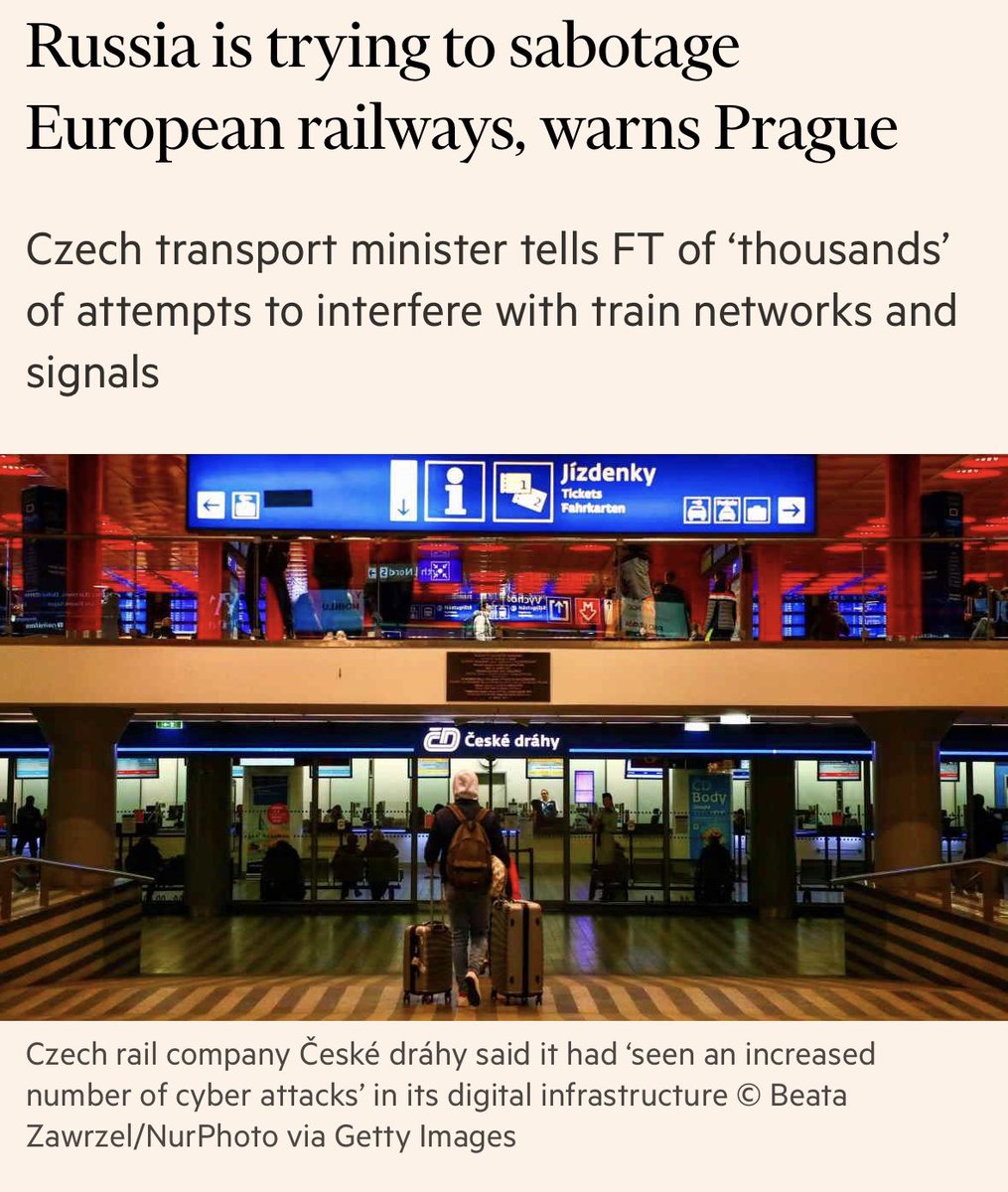 Czech Transport Minister @makupka for @FT: “Moscow was suspected of having made thousands of attempts to weaken our systems since Russian President Vladimir Putin ordered the full-scale invasion of Ukraine in February 2022.” on.ft.com/3TOWV6G