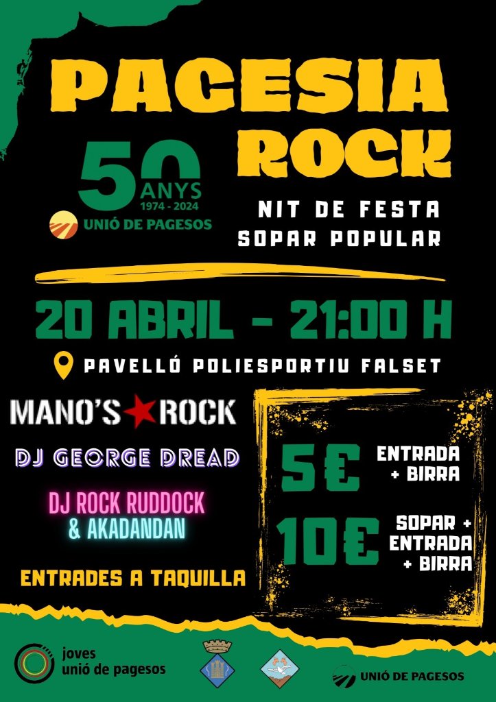 🎉50 anys @uniopagesos. Amb @jovespagesos, festa dissabte 20 d’abril a #Falset (Priorat) 👀Visita Mines Bellmunt o Cooperativa Falset 🍸Vermut, dinar, gimcana, sopar i concert Inscripcions: bit.ly/50aFalset i oficines @agroxarxa ℹ️635827364 / joves@uniopagesos.cat