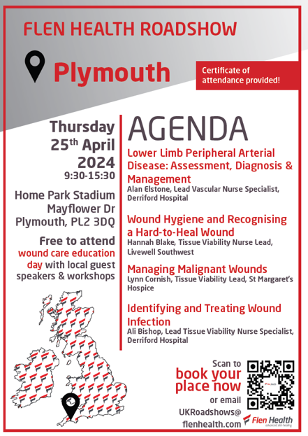 FREE Tissue Viability Study Day in Plymouth on the 25th April. Speakers include our Lead Vascular Nurse Specialist and our Lead Tissue Viability Nurse. Register by emailing ukroadshows@flenhealth.com @UHP_NHS @DerrifordNurses @FlenHealth