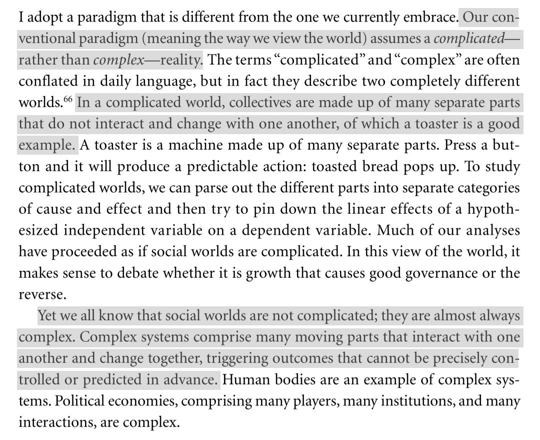 Fantastic @yuenyuenang passage on the distinction between 'complicated' and 'complex' systems. Complicated systems have many separable, parts that can be understood in isolation. In contrast, a complex system is an interconnected whole, and much harder to disentangle effects 1/2