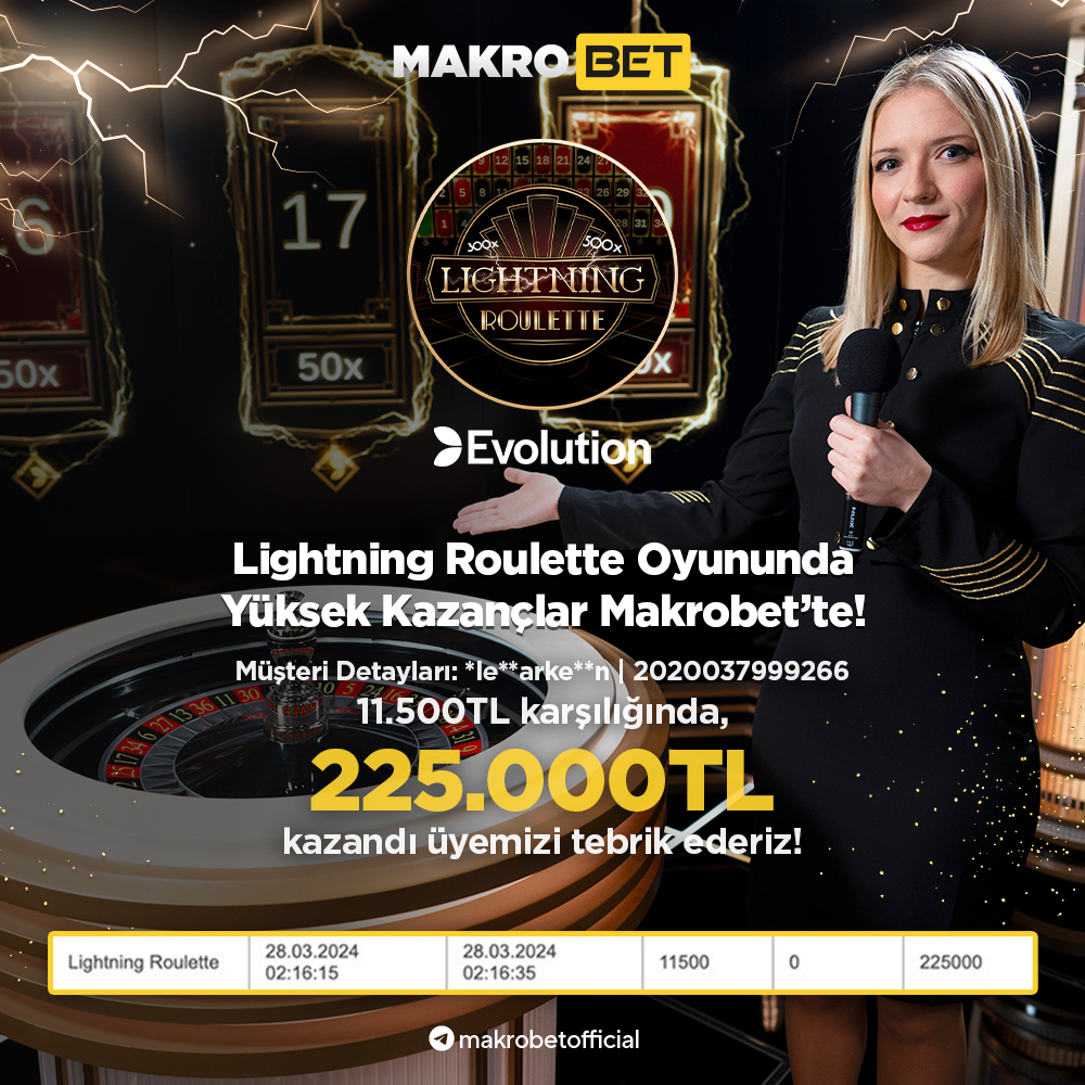 💰Canlı Casino'nun vazgeçilmez oyunlarından Lightning Roulette müdavimlerine kazandırmaya devam ediyor ! 🏵Oyun Adı: Lightning Roulette 👉Oynanan Miktar: 11.500 ₺ 💰Kazanılan Miktar: 225.000,00 ₺ 👉iyi.to/makrobet