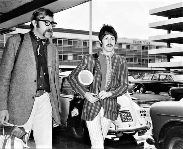 With the  Sgt Pepper album nearly complete, Paul McCartney flew to the USA to surprise Jane Asher, who was in a touring production of Romeo And Juliet.

This photo was allegedly taken on April 3rd 1967, but how can that be when Paul is clearly travelling with <a href="/richardosman/">Richard Osman</a> ?