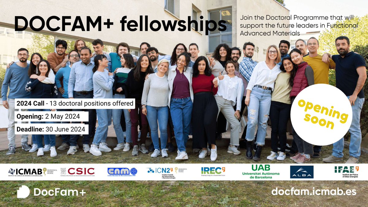 #DocFam 2nd #CallforApplications will be opening soon.

Join this #MSCA #DoctoralTraining Programme and become one of the future research leaders in Functional Advanced Materials.

Learn more at docfam.icmab.es