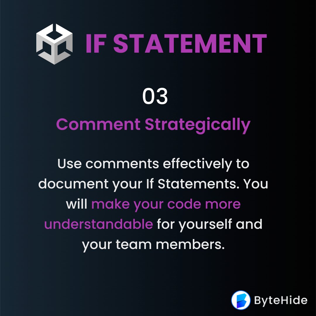 byte_hide's tweet image. 4/7 🧵 Make your If Statements in Unity more digestible for everyone by using comments effectively to document your code✍️. Improve the understandability of your logic for smoother collaboration and development🤝. #UnityCoding #CodeComments