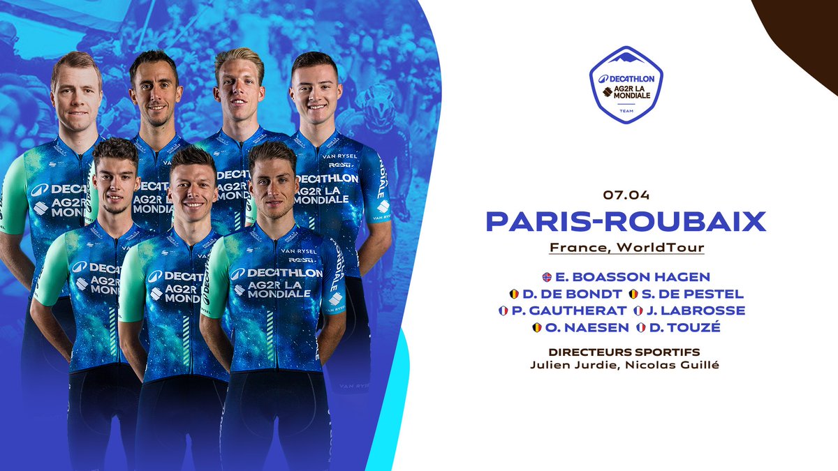 🇫🇷 <a href="/parisroubaix/">Paris-Roubaix</a>
🗓️ 07/04

🇳🇴 Edvald Boasson Hagen
🇧🇪 <a href="/Bondteke/">Dries De Bondt</a> 
🇧🇪 Sander De Pestel
🇫🇷 <a href="/PGautherat/">Pierre Gautherat</a> 
🇫🇷 <a href="/LabrosseJordan/">jordan</a> 
🇧🇪 <a href="/OliverNaesen/">Oliver naesen</a> 
🇫🇷 <a href="/damientouze/">Damien Touzé</a> 

#DECATHLONAG2RLAMONDIALETEAM