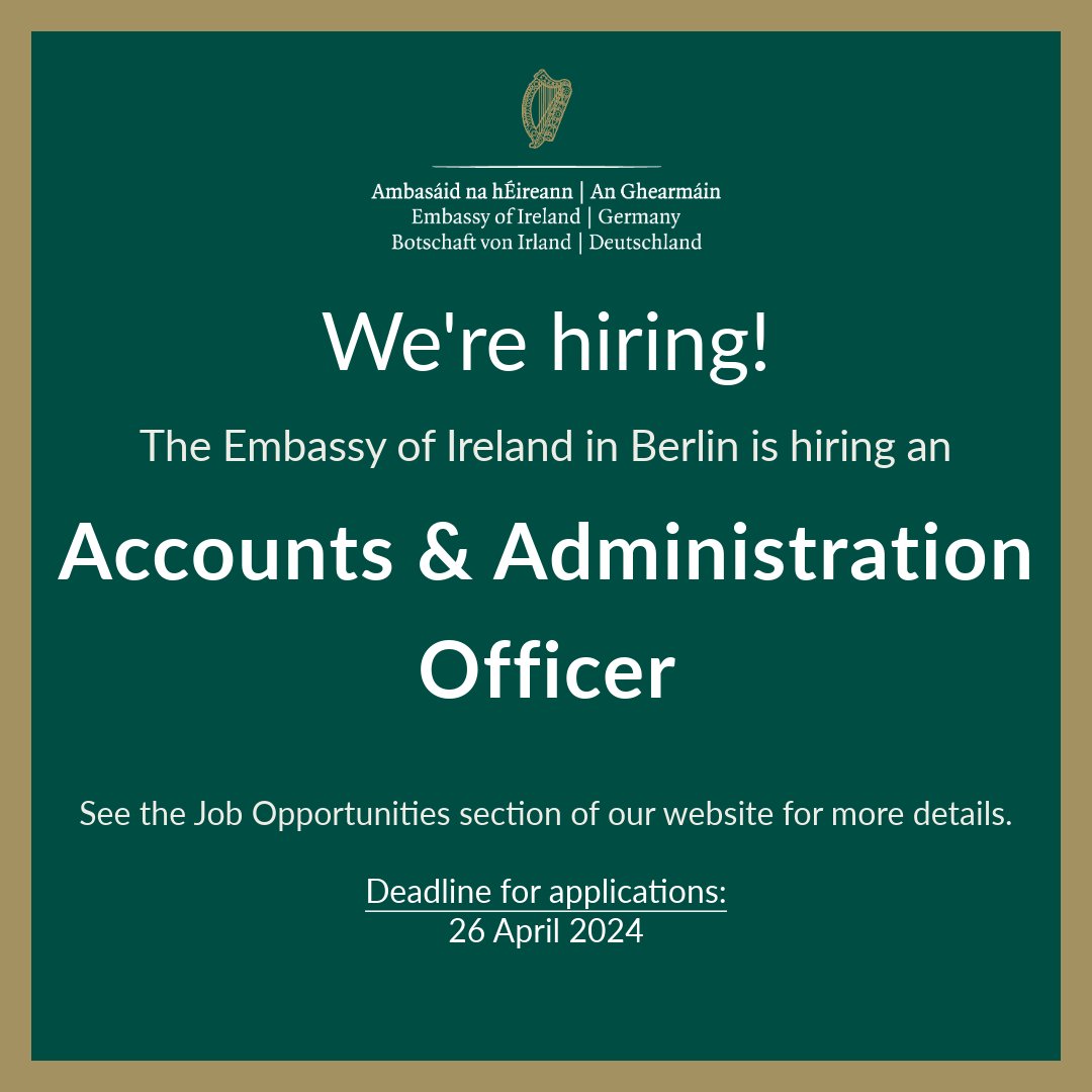 🟢 WE'RE HIRING!🟢 The Embassy of Ireland in Berlin is hiring for the following positions: ➡️Agriculture & Finance Administrative Assistant ➡️Accounts & Administration Officer. For full job descriptions see: ireland.ie/en/germany/ber… Deadline for applications is 26 April 2024.