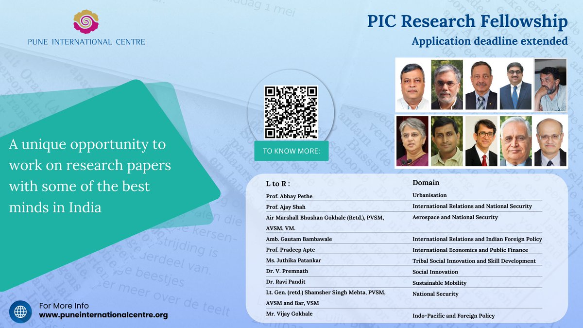 Are you a post-graduate student/PhD scholar? Are you keen on working on research papers with some of India's best minds? Here is a unique opportunity to work with Eminent Senior Fellows at @PuneIntCentre Know more at puneinternationalcentre.org/pic-research-f… 🔗Submit your application at