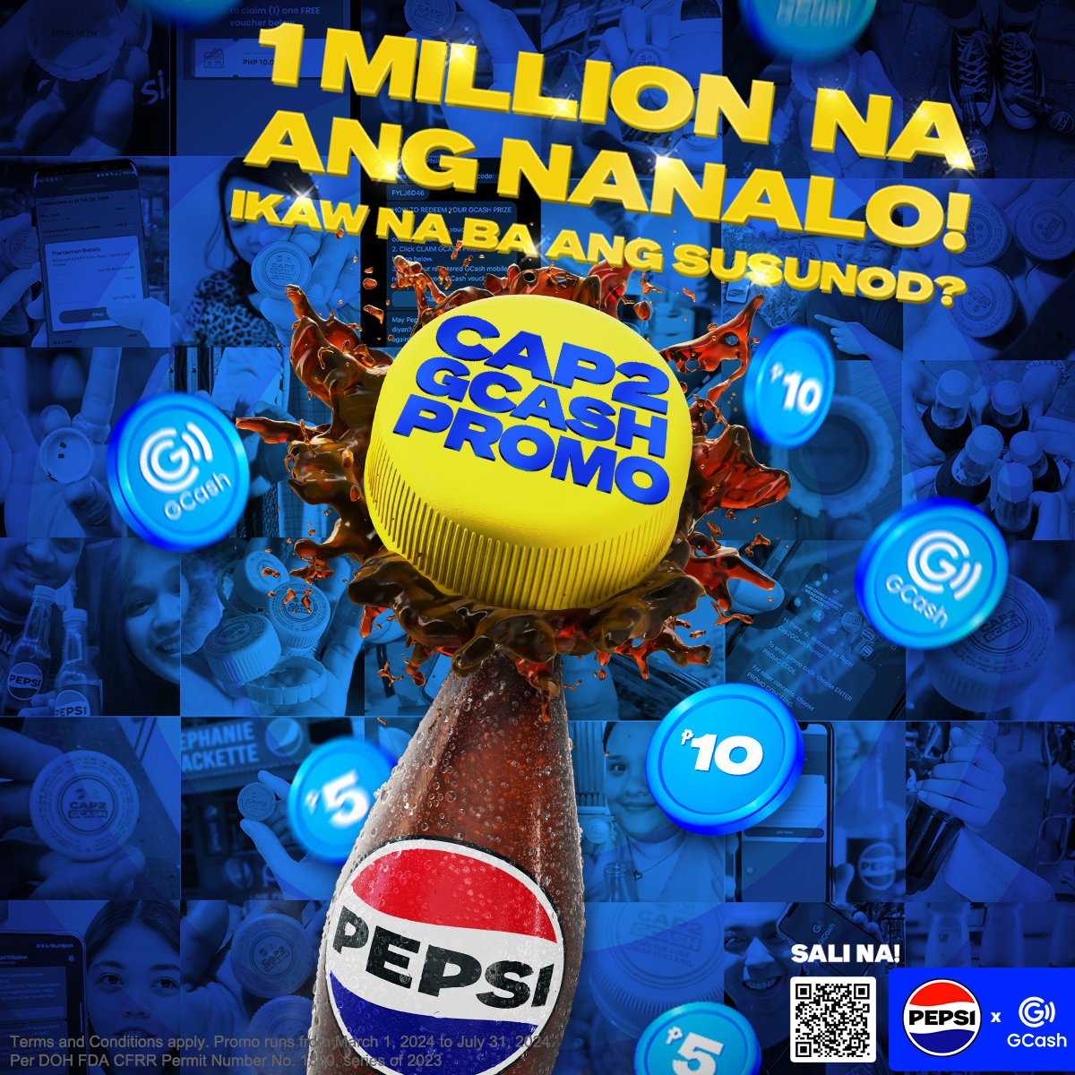 1 million entries na ang nanalo sa #PepsiCap2GCashPromo! Bili na ng Pepsi at sali ka na rin for a chance to win instant GCash prizes daily, monthly, at up to 1 Million pesos sa grand draw!