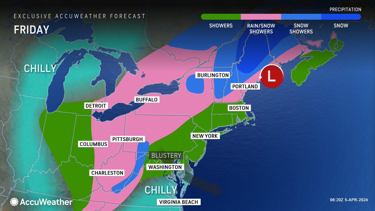 WEATHER @accuweather Friday • Today-Clouds, breezy and cold. Rain, could be mixed with snow early. High 39. • Tonight-Clouds and breezy. Showers. Low 37. • Saturday-Partly sunny. A shower in spots. High 49.