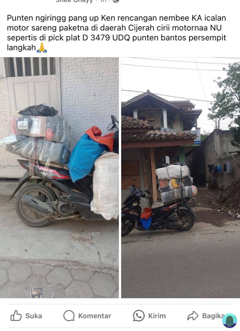 💚 twitter please do your magic, tolong bantuannya temen-temen twitter khususnya warga bandung dan sekitarnya bila menemukan motor sesuai pic di atas, tolong di amankan. Teman saya kehilangan motor tsb beserta paketnya 1 karung 😭🙏🏻