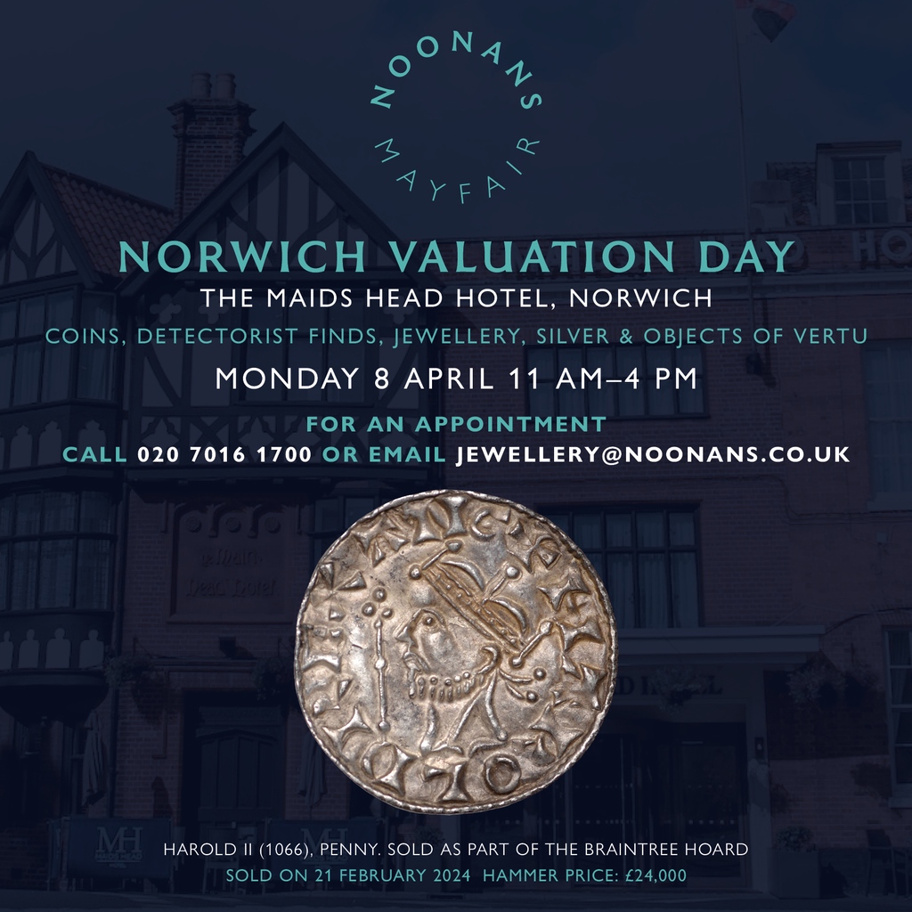 NEXT MONDAY! #JEWELLERY #SILVER #COINS #DETECTORISTFINDS  #OBJECTSOFVERTU
#VALUATIONDAY #NORWICH 

The Maids Head Hotel
Norwich

Monday, April 8, 2024 
11 am - 4pm

Please ring for an appointment, see link noonans.co.uk/news-and-event…