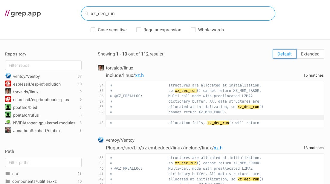 Notre nouvel outil préféré : grep.app : "Search across a half million git repos"
Le moteur de recherche est d'une réactivité incroyable. &lt;3