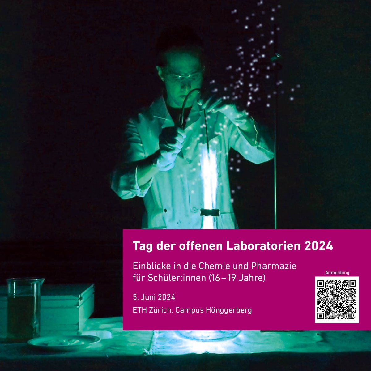 Am 5. Juni 2024 lädt das D-CHAB @ETH Lehrpersonen mit interessierten Schüler:innen (16 - 19 Jahre) zum Tag der offenen Laboratorien ein! Geboten werden spannende Laborworkshops, Kurzvorträge sowie eine Experimentalshow! Anmeldung bis 9.5.2024 Details: chab.ethz.ch/outreach/oeffe…