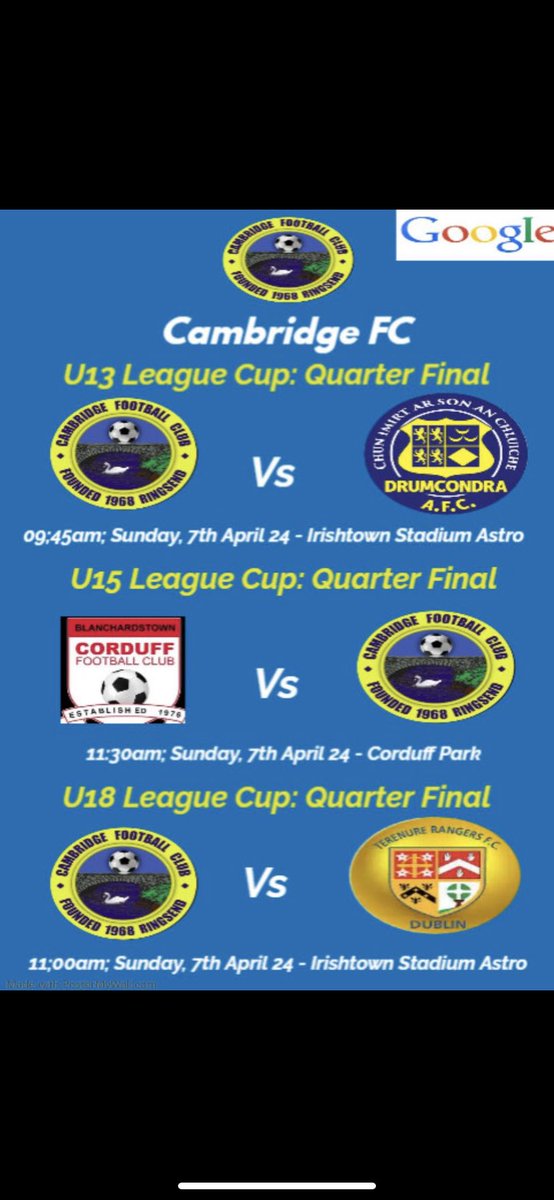 3 Quarter Final games the weekend for the club. Please get out and support the teams if possible. Best of luck to all teams. ⚽️⚪️🔵