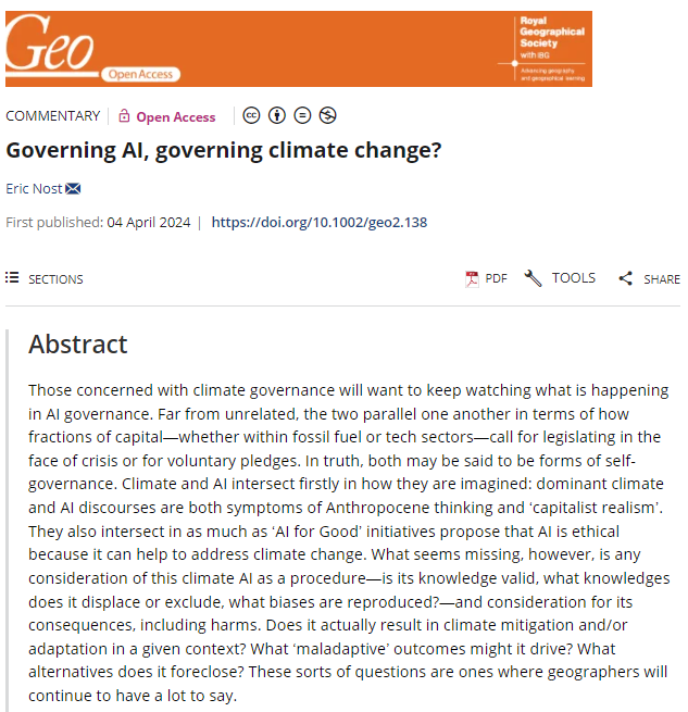 🖥️#OpenAccess commentary in Geo🖥️ 'Governing AI, governing climate change?' by @ericnost This piece considers the parallels and intersections between #AI and climate change governance in the context of 'AI for Good' initiatives. doi.org/10.1002/geo2.1…