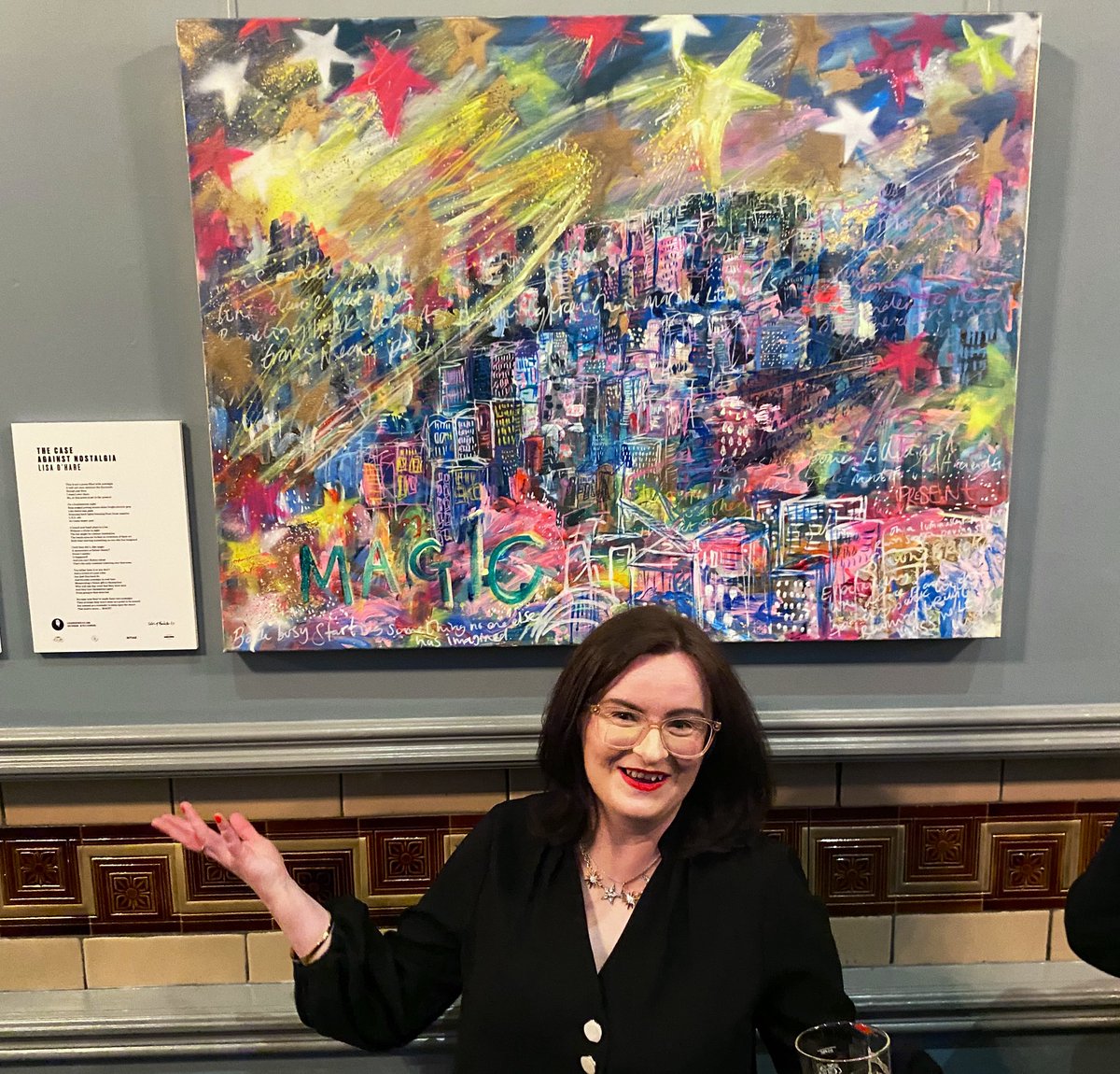 My face when I met the painting made in response to a poem I wrote about Manchester.. a poem dedicated to independent artists and the venues that allow them to make magic happen in real time… art by Emma Evans .. now on display at Refuge at the Kimpton Clocktower until June