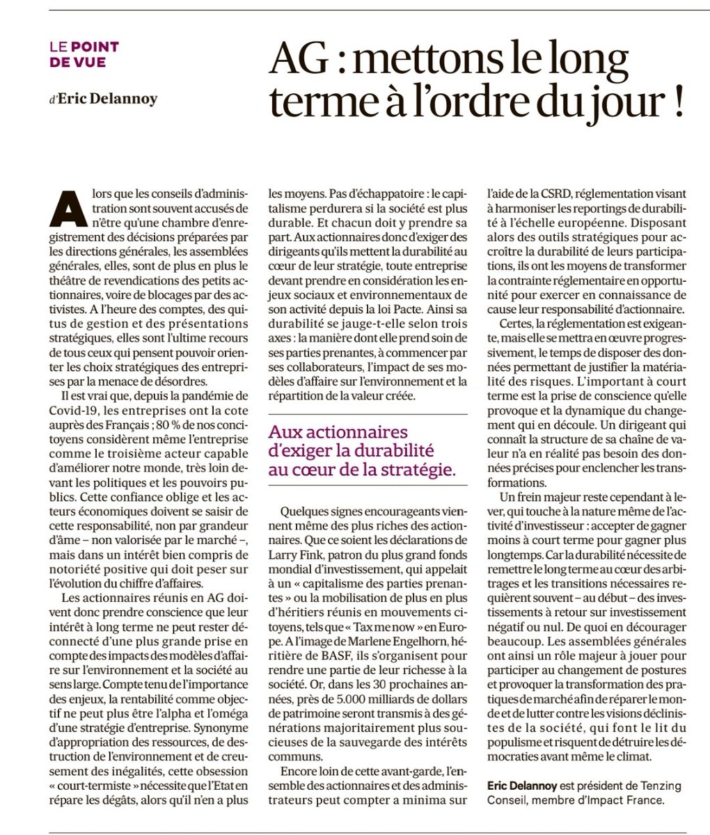 Alors que la saison des Assemblées Générales bat son plein, ma tribune dans @LesEchos invite les actionnaires à mettre le long terme dans la stratégie des entreprises... @TenzingConseil 👇