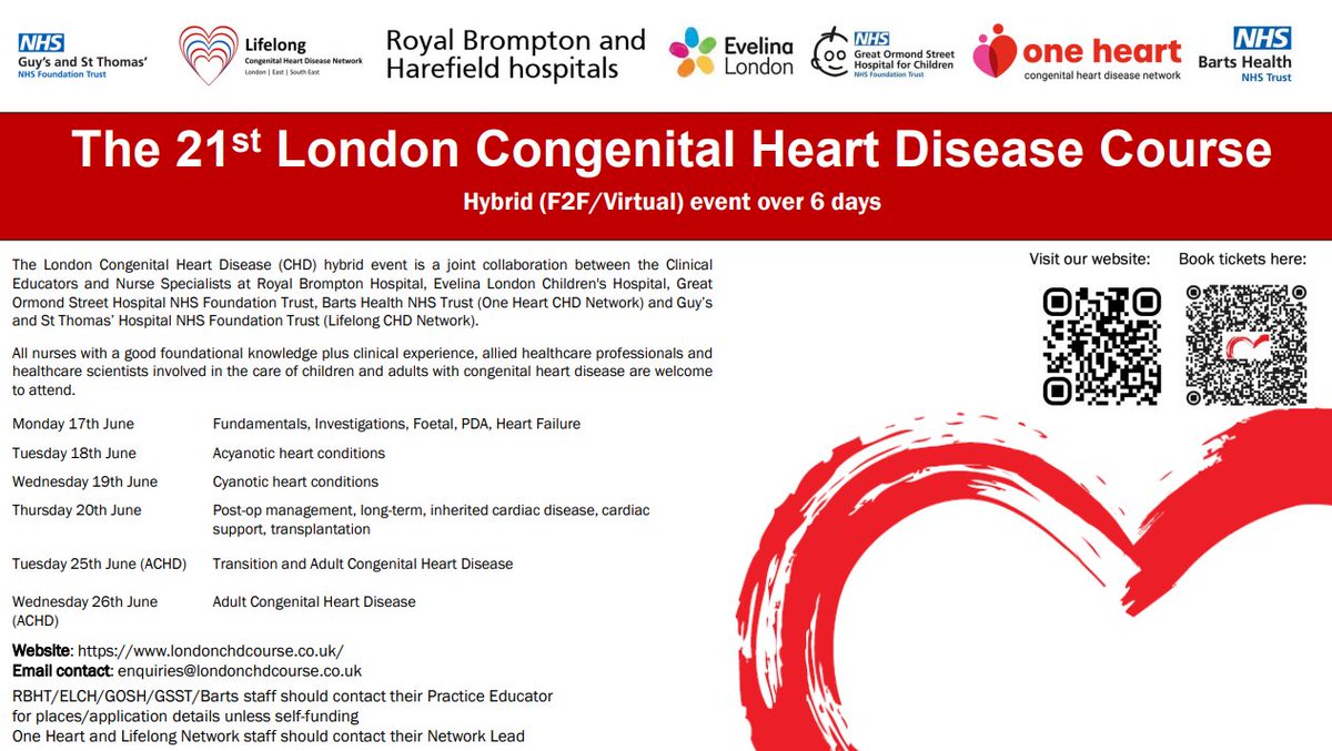 21st London Congenital Heart Disease Course 🫀 For Nurses - AHPs - Healthcare Scientists 🫀 Covering all aspects of CHD & ACHD 🩺Hybrid - F2F/virtual 🗓️17th-20th June & 25th-26th June 💻 londonchdcourse.co.uk #PedsICU #PedsCICU @GreatOrmondSt @RBandH @NHSBartsHealth