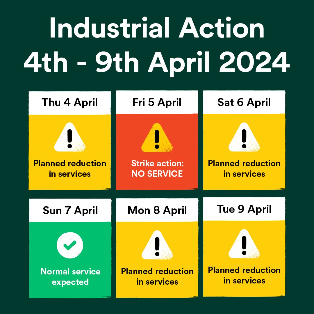 ⚠️ #IndustrialAction - Thu 04.04 > Tue 09.04 ⛔️ Fri 05.04– Strike Day - NO SERVICE 🚦Sat 06.04, Mon 08.04 > Tue 09.04 - planned reduction in services due to action short of strike ℹ️ orlo.uk/stRLU