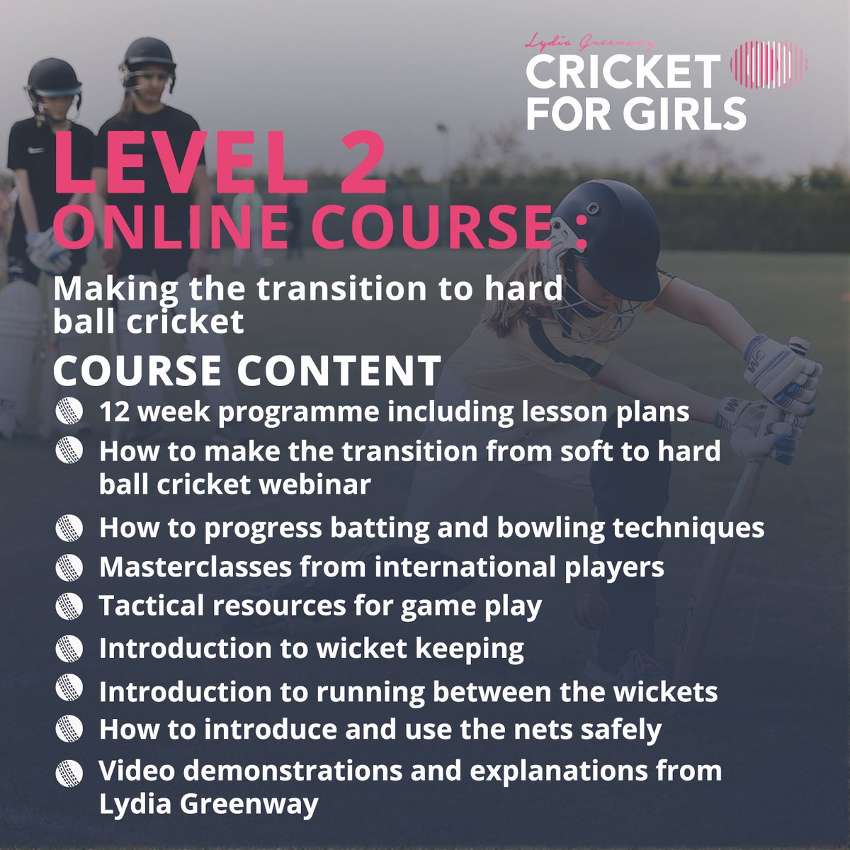 🏏 Cricket for Girls Level 2 Online Course! 🌟 ✅ Instant Access 📚 Flexible Learning 🏏 Perfect for teachers and coaches guiding players transitioning to hardball cricket. 🌐 Designed and delivered by Lydia Greenway 🔗 Enroll now: 👉 cricketforgirls.com/products/crick…