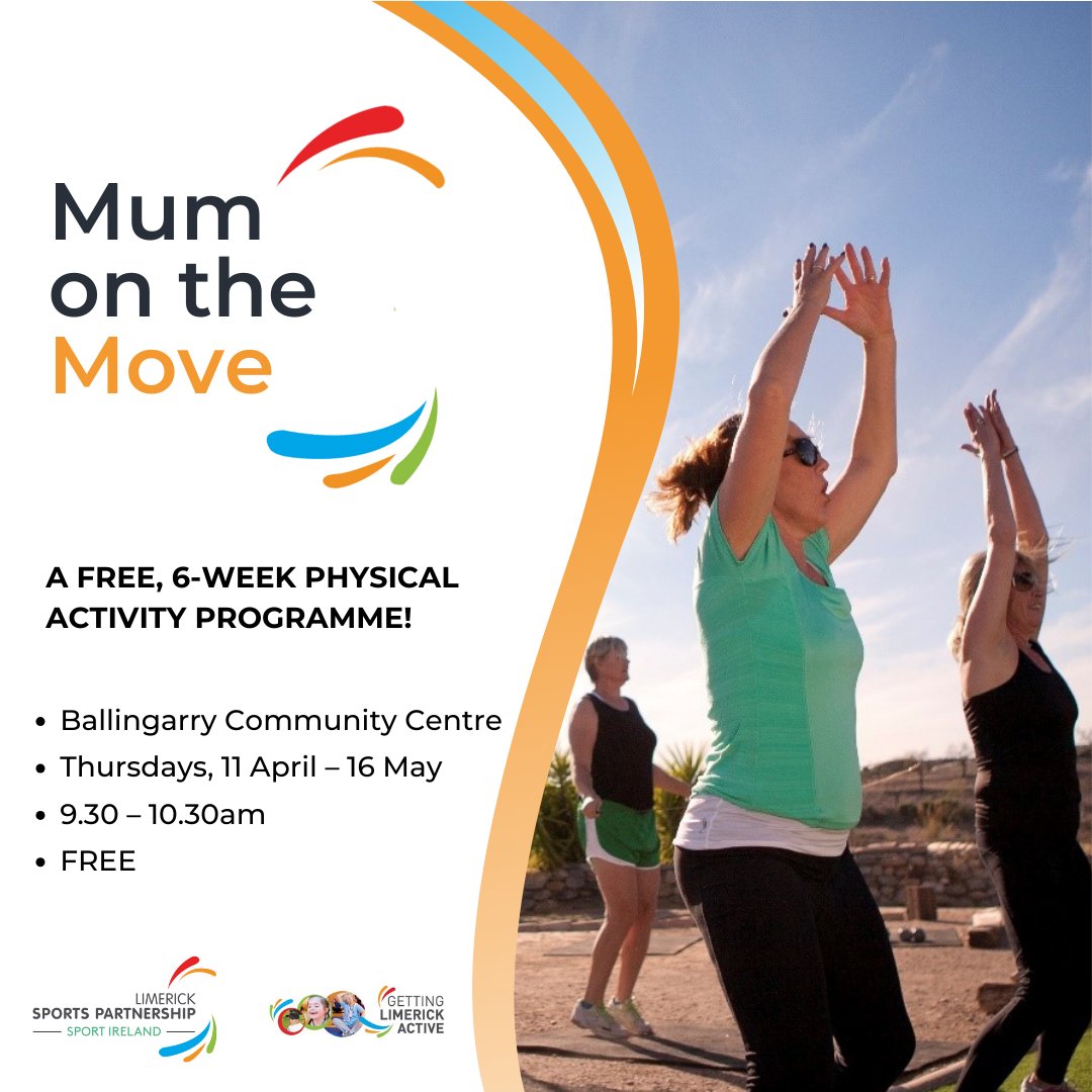 Mum On The Move is Back! ✨ 📍 Ballingarry Community Centre 📆 Thursdays, 11 April – 16 May ⏰ 9.30am 💶 FREE 🔗 limericksports.ie/event/mum-on-t… @Limerick_ie @sportireland @HealthyLimerick @granballcamogie @BallingarryAFC @gbgaaclublimk @CommHealthMW #MumOnTheMove #ActiveLimerick