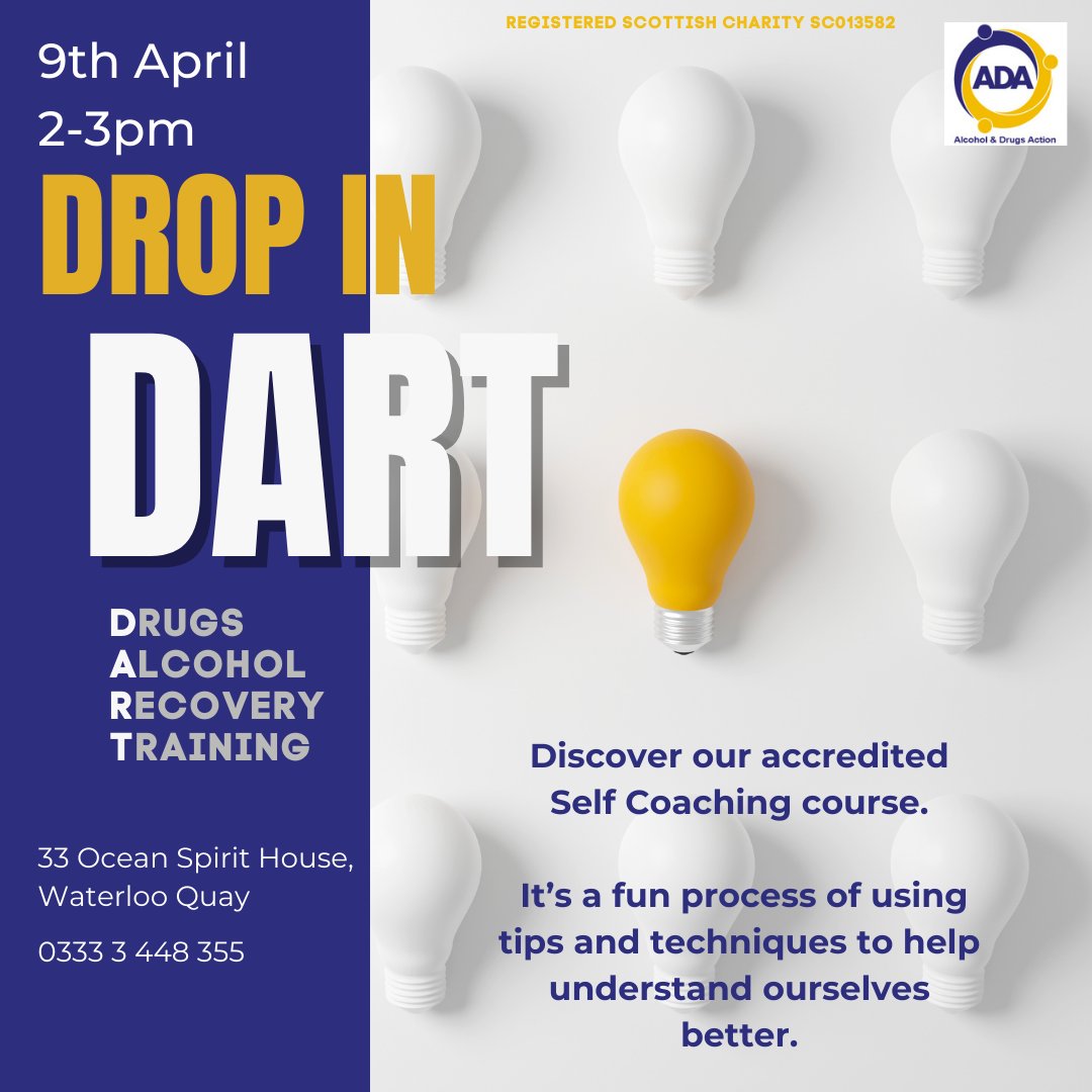 Come and see what DART is all about on the 9th April. We can't wait to meet you! Email adagroups@alcoholanddrugsaction.org.uk if you'd like more information. #selfcoaching #recovery #aberdeen #lightbulbmoment