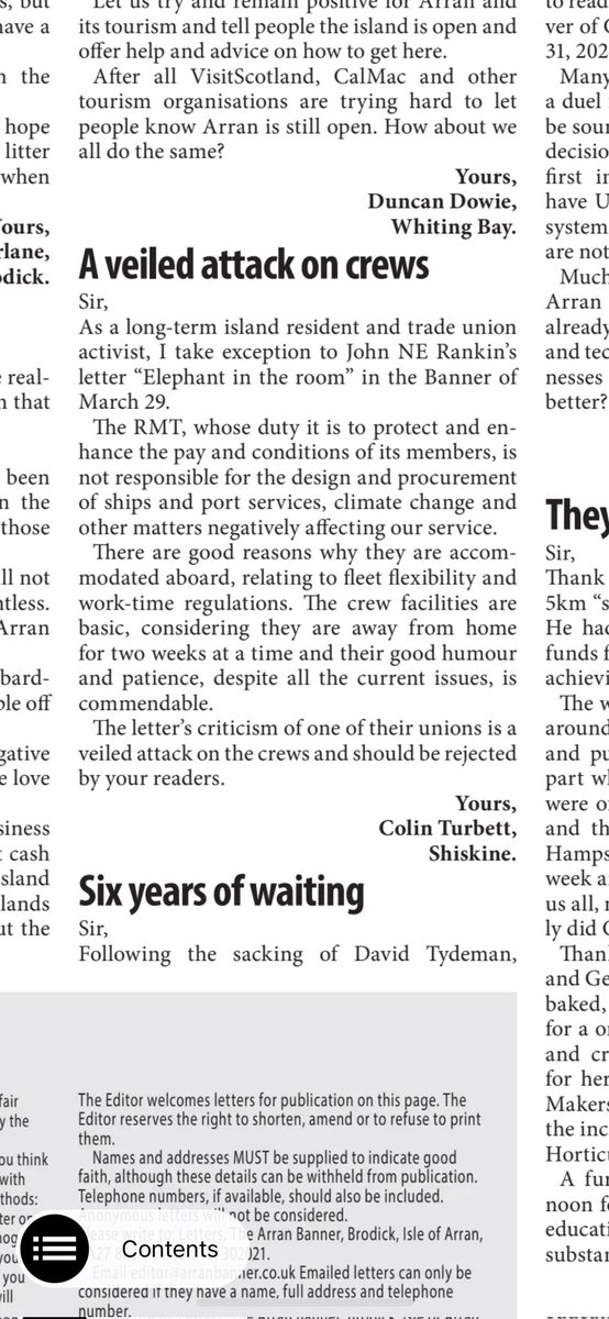 Responding to a previous published @arranbanner letter blaming @RMTunion for Arran's ferry issues. @rmtgsb @RMT_Scotland . Let's stop scapegoating public sector workers for systemic problems - CalMac, Ferguson Marine or others.