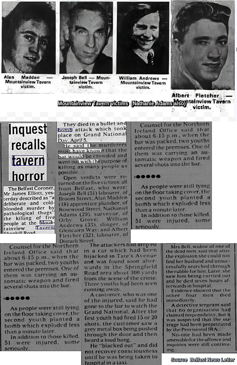 #OnThisDay in 1975 MOUNTAINVIEW TAVERN the IRA murdered Alan Madden 18, plumber Albert Fletcher 32, labourer Nathaniel Adams, 29, surveyor Joseph Bell 51, labourer William Andrews 33, slinger, UDA member Murderers fired shots & left a bomb at door, 6:15pm, Grand National day #OTD