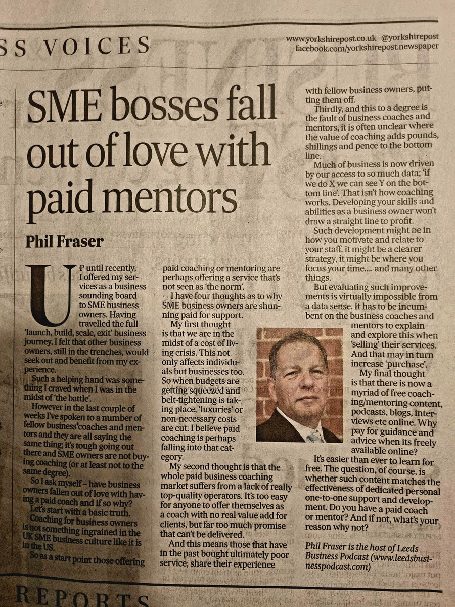 Did you see my article in <a href="/yorkshirepost/">The Yorkshire Post</a> ?

What are your thoughts on #SME owners falling out of love with the #businesscoach and #BusinessMentor offerings?

#NousOfFraser