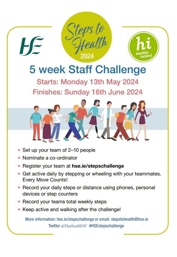 👣#StepstoHealth encourages staff to increase their physical activity levels to improve their physical and #mentalhealth 🚶‍♀️. The challenge will take place for 5 weeks May 13-June 16 🗓️ registration now open & closes May 3. Visit hse.ie/stepschallenge for more info. @HsehealthW