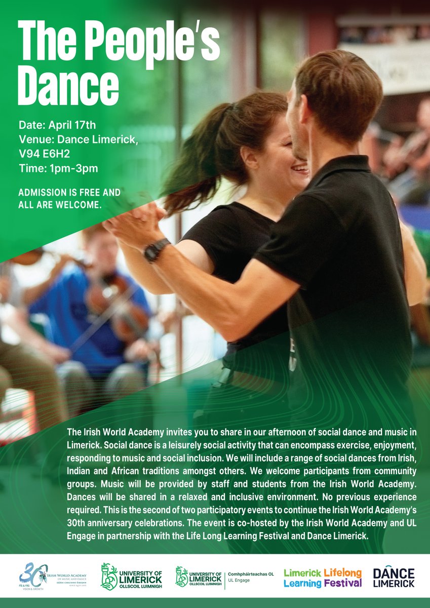 What better way to embrace the spring than with a social dance? The afternoon will include a range of social dances from Irish, Indian and African traditions a.o. With live music by @irishworldacademy staff and students. All welcome to join! No previous experience needed