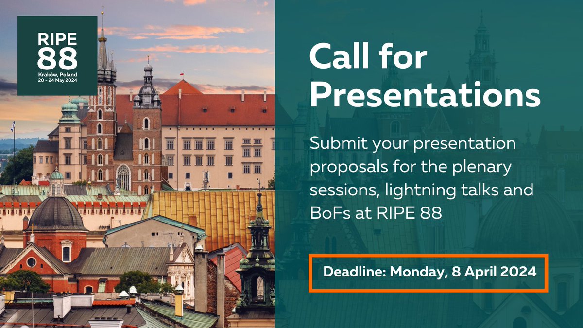 Planning to submit a talk for #RIPE88? The second Call for Presentations deadline is this Monday. If you need to put together some slides for our Programme Committee to review, this is the weekend for it!
ripe88.ripe.net/submit-topic/c…