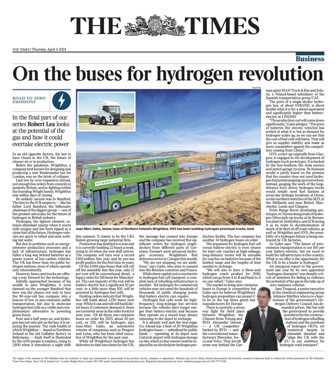 .@Wright_bus CEO Jean-Marc Gales talks to The Times, sharing the Wrightbus #drivingagreenerfuture story “We are not stopping. We are ambitious” Read more: wrightbus.com/en-gb/on-the-b… #Wrightbus #DrivingAGreenerFuture #TheTimes #Hydrogen #HydrogenBus #HydrogenEconomy #Decarbonisation