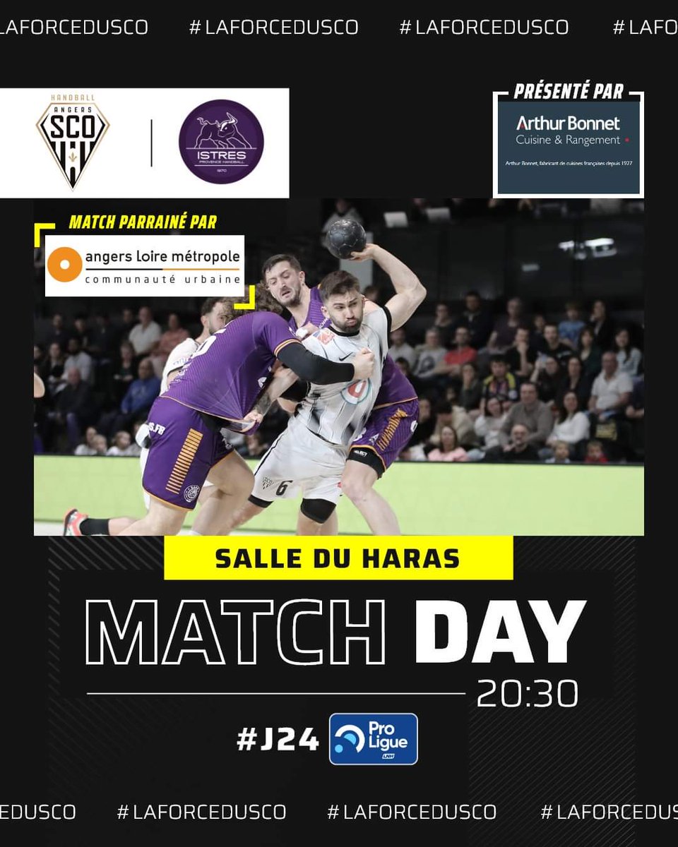 𝗠𝗔𝗧𝗖𝗛 𝗗𝗔𝗬 🤩

Le SCO Handball affronte ce soir Istres 💪🔥
Match à  20h30 😉
Ce match est parrainé par Angers Loire Métropole 🤝

Il reste des places !! 🎟
billetterie.angers-sco.fr/fr/product/344…

#SportAngers #angerssco #teamsco #LaForceDuSCO #LaDalleAngevine #Proligue #LNH