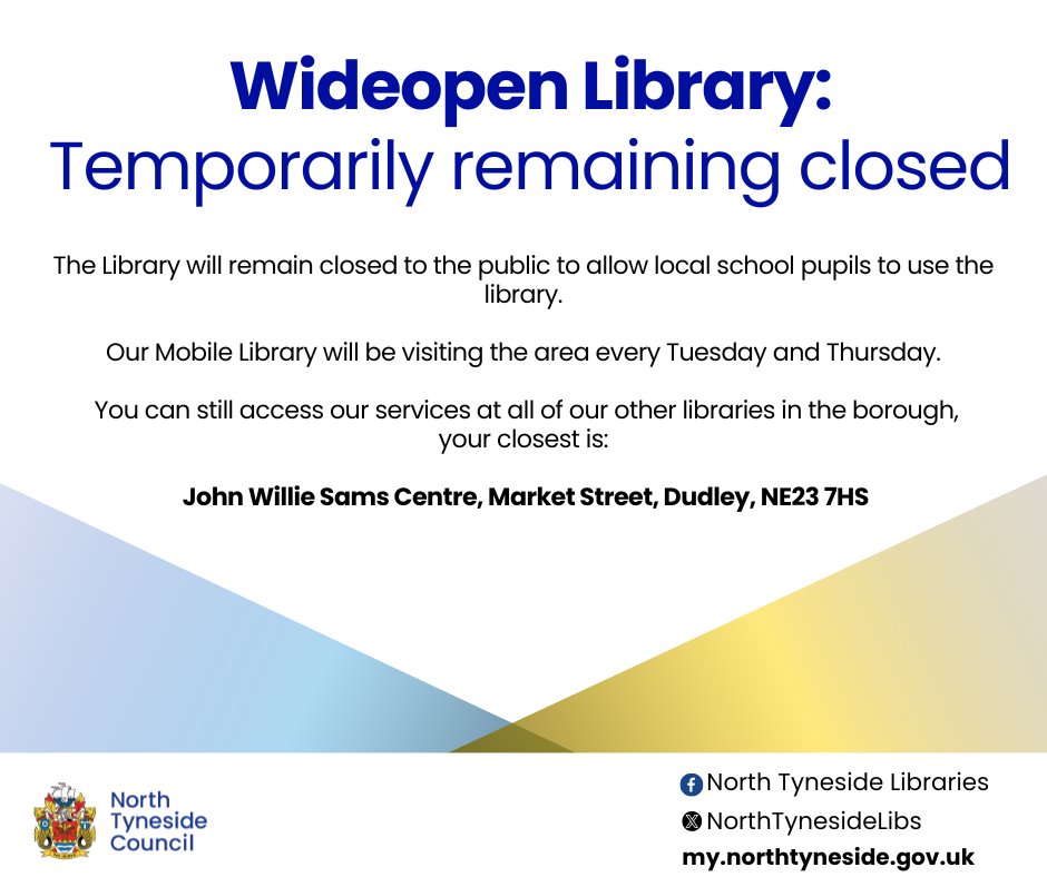 Wideopen Library will remain temporarily closed to allow a local school to continue to use the space. Our mobile library will be on site each Tuesday and Thursday, or you'll still find the team at Dudley Library every Saturday. We're sorry for any inconvenience caused.