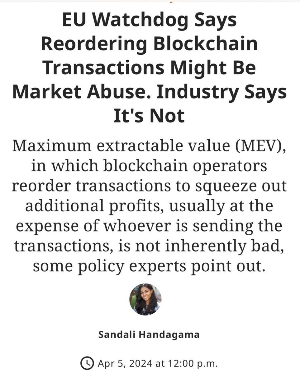 CKwok_HK's tweet image. 以傳統市場的角來買賣成交應該以時序。MEV是一個值深究的問題。

傳統金融和加密資產還需要一段時間磨合。

欧盟市场监管机构　提出了最大可提取价值（MEV）的问题，即区块链运营商重新排序用户交易以最大化自身利润，将其视为潜在的市场滥用形式。这一立场引起了一些行业观察者的担忧。