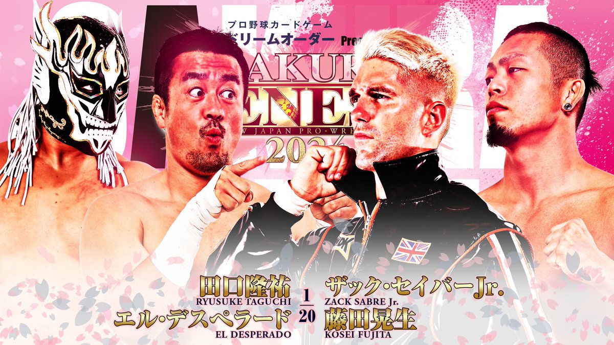 HOURS TO SAKURA GENESIS: 9️⃣ The main card gets underway with Zack Sabre Jr. and Kosei Fujita taking on El Desperado and Ryusuke Taguchi in tag action tonight! LIVE in English on @njpwworld! njpw1972.com/173512 #njpw #njSG