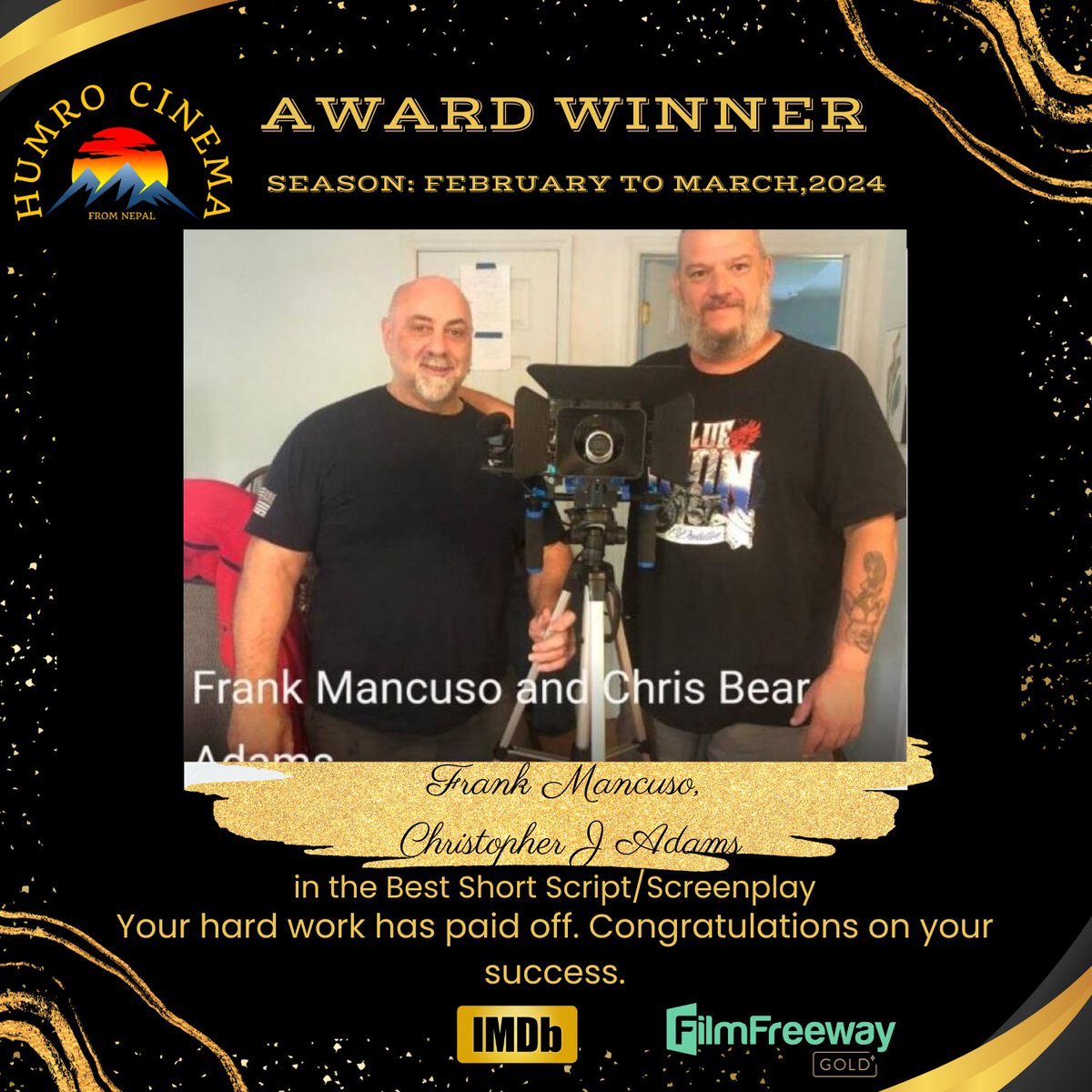 'AWARD WINNER SEASON FEBURARY TO MARCH 2024'. Script Name:WOLF STREET Writer Name:Frank Mancuso, Christopher J Adams Category: Best Short Script/Screenplay We extend our Warmest congratulations to all the winners on this remarkable achievement. Team Humro Cinema film festival
