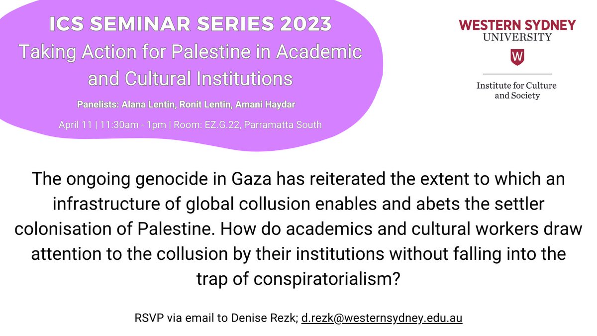 Our next seminar titled ‘Taking Action for Palestine’ by Alana Lentin, Ronit Lentin and Amani Haydar will be held in person on Parra South in EZ.G.22. All are welcome. For full details: bit.ly/2yV1mqW