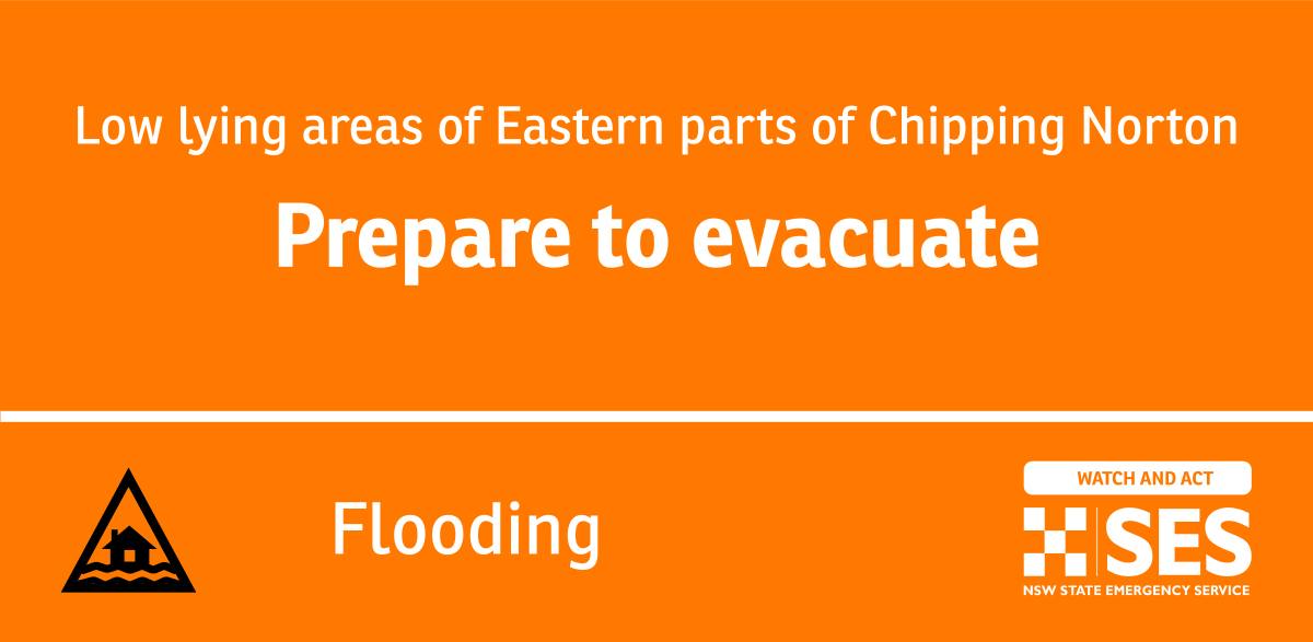 Low lying areas of Eastern parts of Chipping Norton Flooding - Prepare to evacuate. Watch and Act. View all affected locations and the full warning here: hazardwatch.gov.au/a/y6sv5b