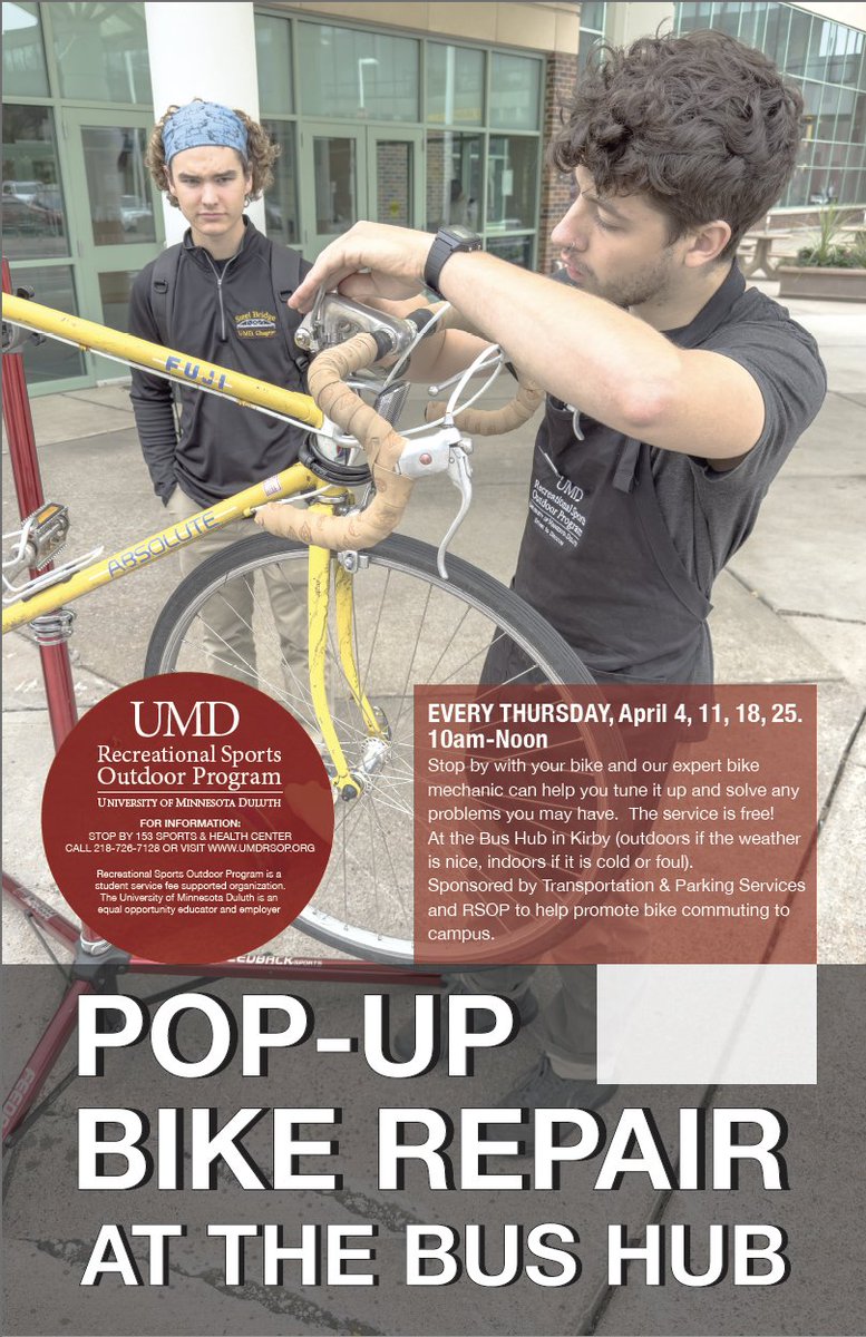 UMDParking's tweet photo. Rev up those pedals and roll on over to the bus hub! 🚲 It's time to dust off your bike and gear up for springtime adventures with a little repair session. Let's pedal into the season with style! 🌷
.
.
.
.
.
#bikelife #UMD https://t.co/acTufJzu1E