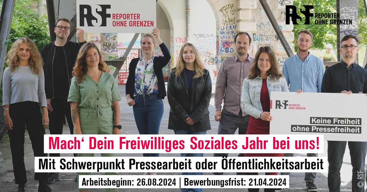 ReporterOG's tweet photo. Motiviert &amp; engagiert? Bewirb Dich für unsere #FSJ in Kommunikation-Pressearbeit und -Öffentlichkeitsarbeit in #Berlin ab 26. August! Als Teil unserer NGO kämpfst Du für Presse- und Informationsfreiheit weltweit. Bewerbungsfrist: 21. April. Alle Infos: https://t.co/qhsueiF6RK https://t.co/WqPsKiloyf