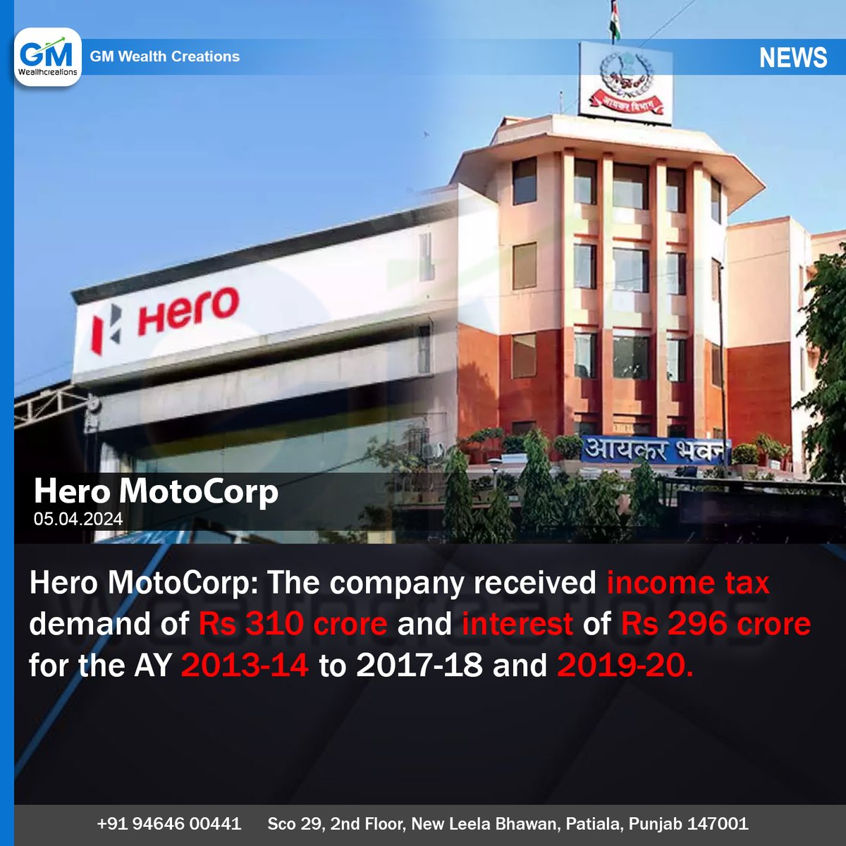 Hero MotoCorp: The company received income tax 
demand of Rs 310 crore and interest of Rs 296 crore 
for the AY 2013-14 to 2017-18 and 2019-20.
@HeroMotoCorp @IncomeTaxIndia #IncomeTax #HEROMOTOCO #nseindia