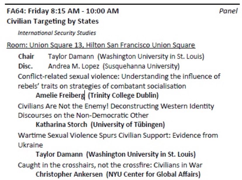 Come join us for a fantastic panel on civilian targeting by states in armed conflict. Happening tomorrow at 08:15 in Union Square 13. @isanet #ISA2024