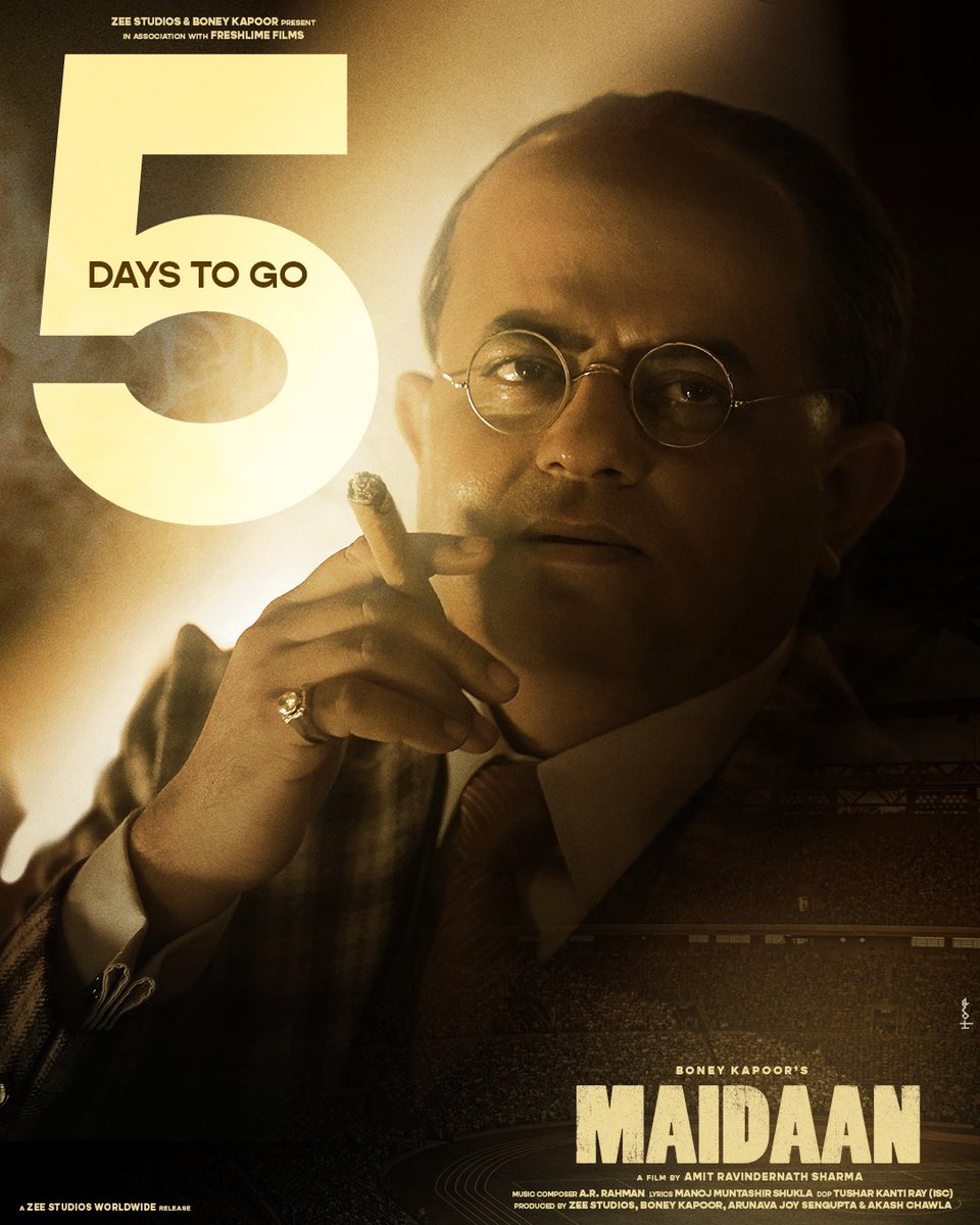 Only 5 days left until the Golden Era of Indian football reclaims its place in history, on the big screen! 🇮🇳⚽️ #Maidaan in cinemas, this Eid, 10th April! #5DaysToMaidaan #MaidaanInIMAX #MaidaanOnEid #MaidaanOnApril10 #PriyamaniRaj @raogajraj @BoneyKapoor @ZeeStudios_…