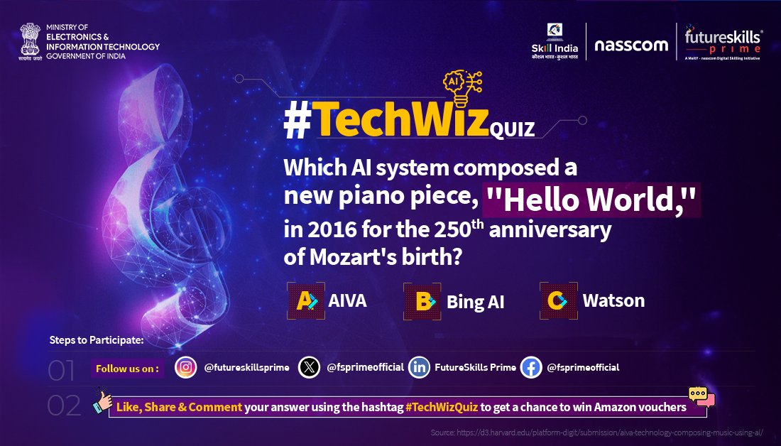 💻 Let's rewind to 2016 when #AI took centre stage in music! An intelligent mind composed 'Hello World,' a piano piece, honouring Mozart's 250th birthday. 

👨‍💻 Can you guess the name of this AI System? 

bit.ly/3vFVwHE 

#TechWiz #Quiz #QuizContest #Contest #ContestAlert